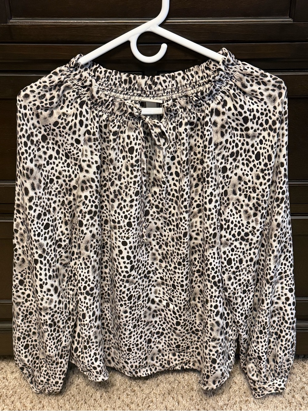 a new day Beige and Black Leopard-Print Peasant Blouse Medium 1051